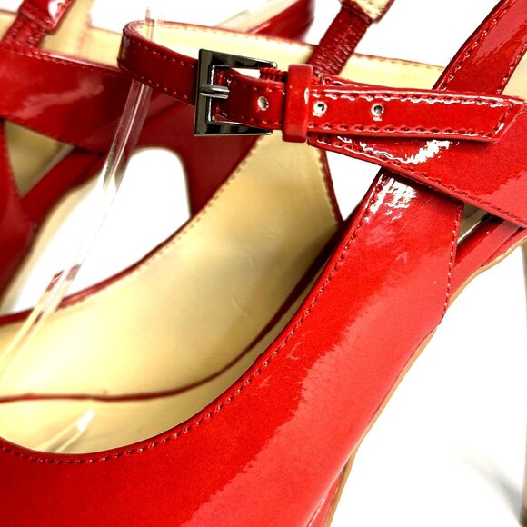 Red Patent Leather Women's Platform Heels With Peep Toe & Buckle Strap Shoes 9 - Picture 6 of 7